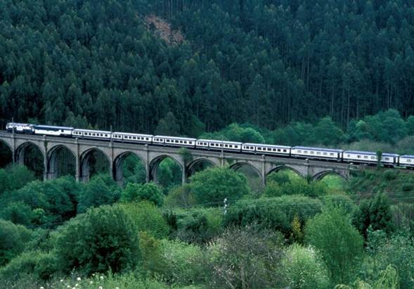 El tren transcantábrico atravesando un puente en medio de la vegetación